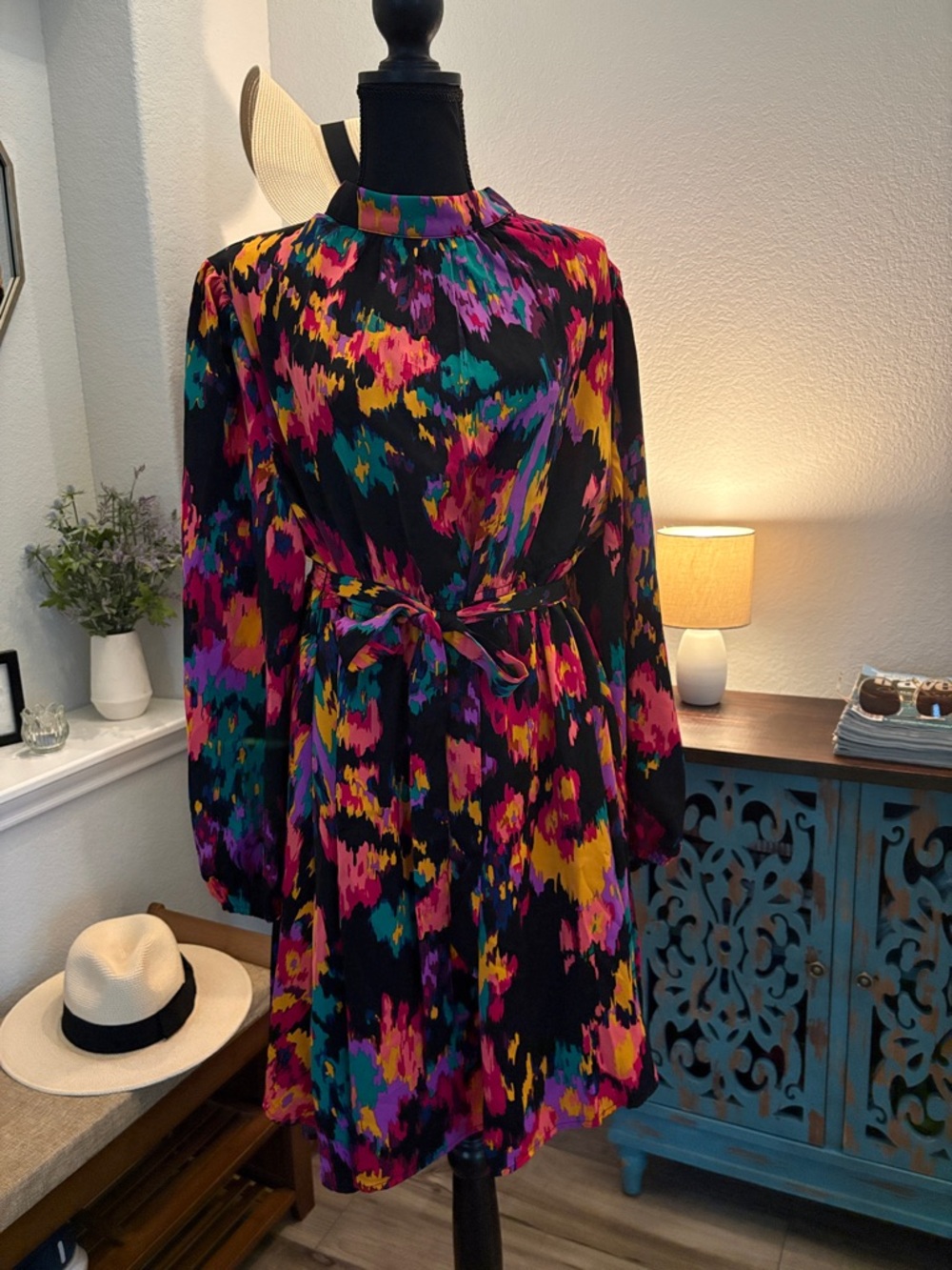 NWT:  Abstract Floral Print Long-Sleeve Dress in Black and Multicolor